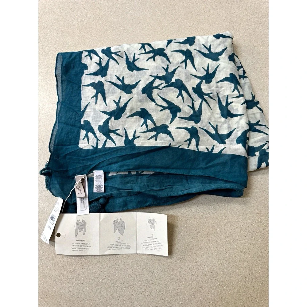 LOFT Cotton Modal Square Scarf Blue Teal  Ivory Bird Print Tassels for Women